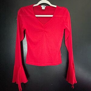 Red Sheer V neck with flared lettuce hem cuffs long sleeve Lei Blouse